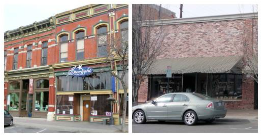 Figure 15.510.050(C). Current storefront examples. Note the large storefront windows and recessed entries in the left image. In the right image, note the relatively tall height of the single-story building. The height helps to add a sense of enclosure to the street.