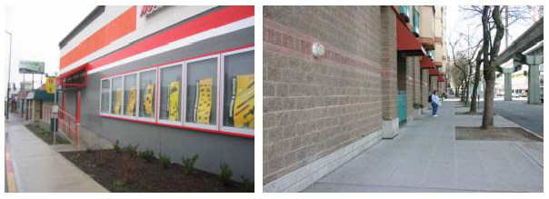 Figure 15.510.050(D). These facades do not meet the storefront standards. The tack-on display cases in the left image do not qualify as transparent window area.