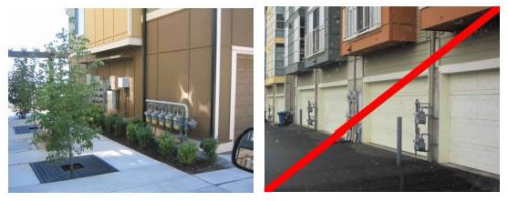 Figure 15.520.060(C). Good and bad utility meter configurations. The examples on the left are consolidated and somewhat screened by landscaping elements, whereas the right examples are exposed and degrade the character of these townhouses.