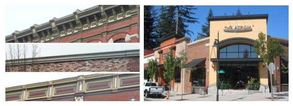 Figure 15.530.030(E)(1). Decorative cornice examples on existing historic buildings downtown (left images). The right image shows examples of a variety of cornice designs on a new building.