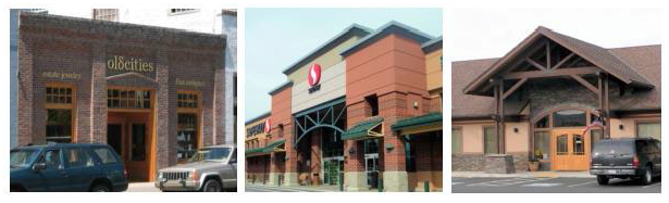 Figure 15.530.040(C). Facade details examples. The building on the left uses decorative windows and doors, decorative roofline and columns, and decorative materials (brick and wood). The center image uses a decorative entry feature (metal feature over entry), decorative weather protection and lighting, and decorative use of brickwork. The right image uses decorative wood beams over the entry, decorative windows and doors, and stonework.
