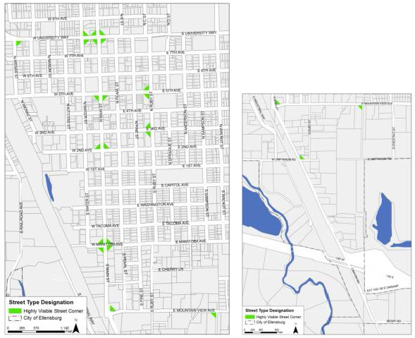 Figure 15.530.040(D)(2). Designated high visibility street corners. All street corners within the downtown historic district are considered a high visibility street corner.