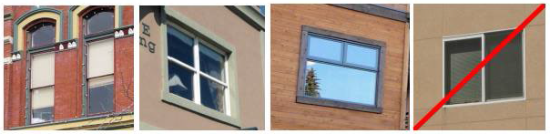 Figure 15.530.040(E). Acceptable and unacceptable (far right image) window design on upper floors. Note that the windows in the brick building on the left are recessed from the facade. The windows in the middle images include trim. The image on the right includes no trim or recess/projection, and thus would not be permitted.