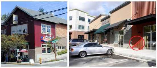 Figure 15.530.050(C). Acceptable and unacceptable metal siding examples. Notice the corner and window trim and use of concrete block near the ground level on the left image. The circled area on the right includes metal siding all the way to the ground, which is prohibited.
