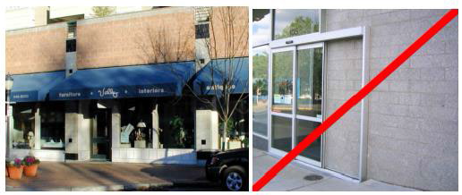 Figure 15.530.050(D). Acceptable and unacceptable concrete block examples. The left example uses a mixture of split-faced colored concrete block and smooth-faced concrete block, together comprising just under 50 percent of the whole facade. The large expanse of smooth-faced concrete block on the right is not desirable for Ellensburg facades.