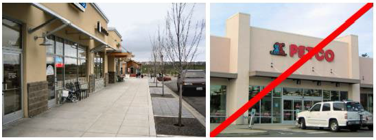 Figure 15.530.050(E). Acceptable and unacceptable stucco examples. The left image uses concrete block near the sidewalk, while the Petco maintains EIFS to the base of the facade.