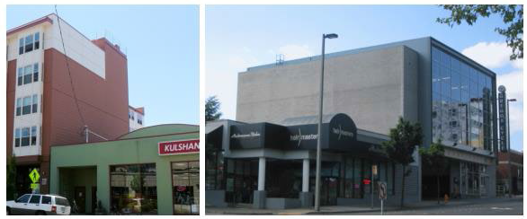 Figure 15.530.060(D). Acceptable and unacceptable fire wall treatments. Note the use of horizontal banding in the left image. Plain concrete block as in the right image is not allowed.